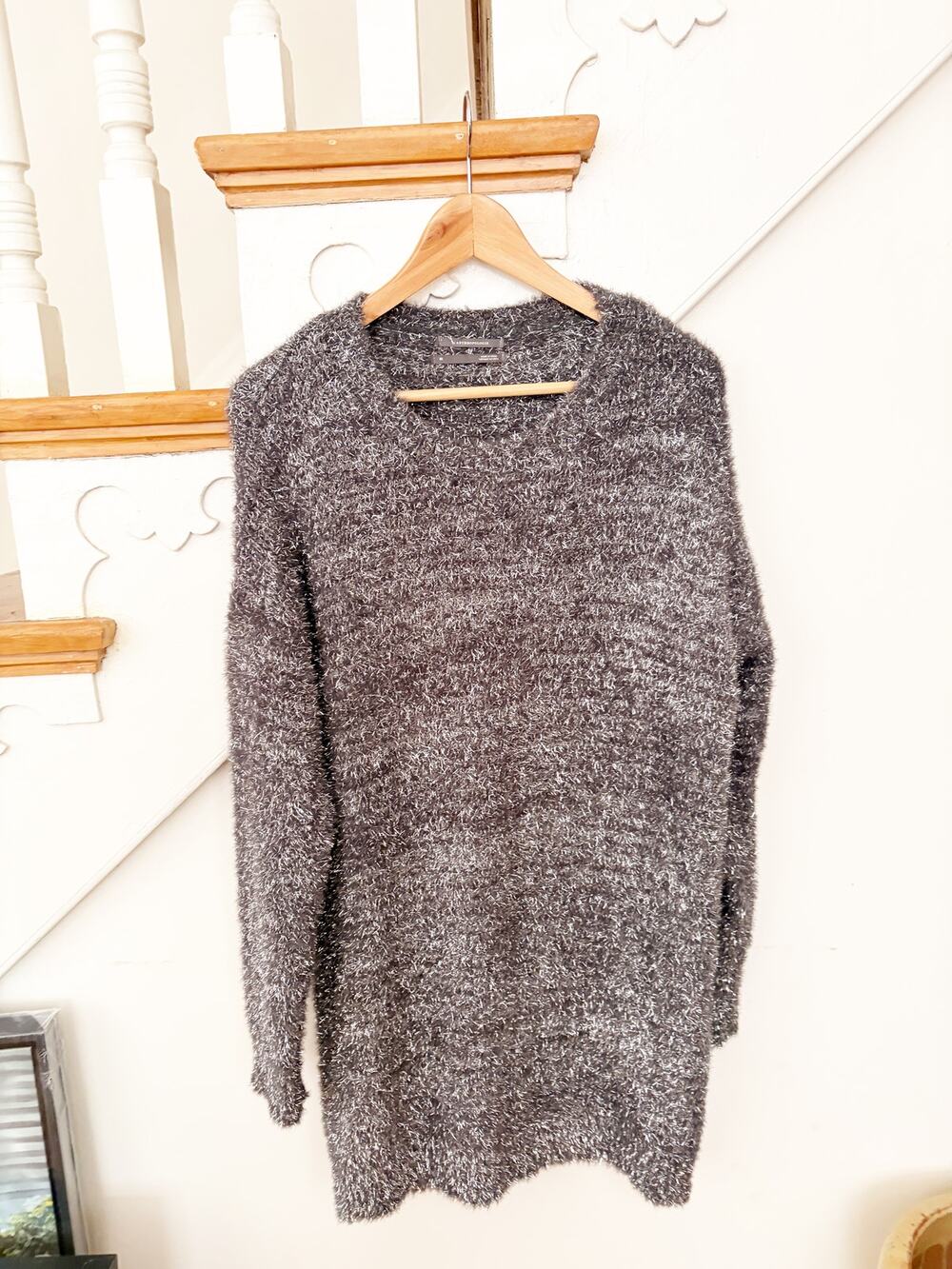 Anthropologie Gray Eyelash Knit Sweater Dress Cozy Fuzzy Long Sleeve Pullover XS